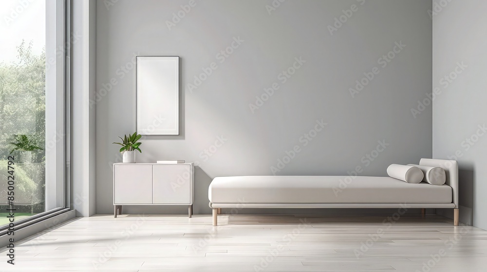 Fototapeta premium A modern teen's room featuring an empty light grey wall with a sleek, white bed and matching sideboard. Bright natural light streams in through a large window, creating an ideal setting for a poster.