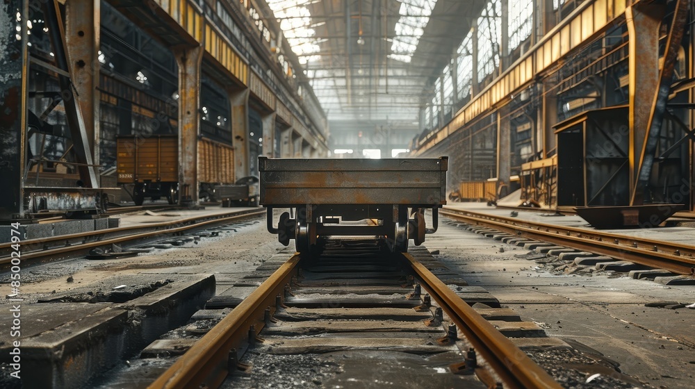 a metal cart on a set of railroad tracks inside a large factory a metal cart on a set of railroad tracks inside a large factory