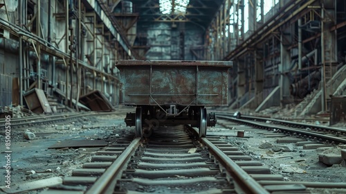 a metal cart on a set of railroad tracks inside a large factory  © JH45