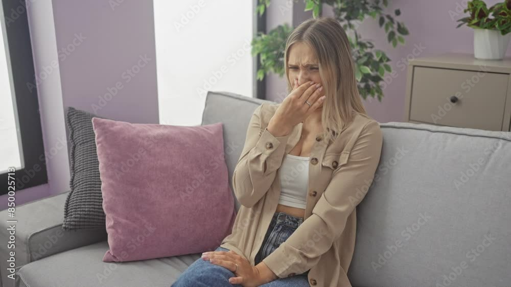 Young blonde woman sitting on sofa smelling something stinky and disgusting, intolerable smell, holding breath with fingers on nose. bad smell at home Young blonde woman sitting on sofa smelling something stinky and disgusting, intolerable smell, holding breath with fingers on nose. bad smell at home
