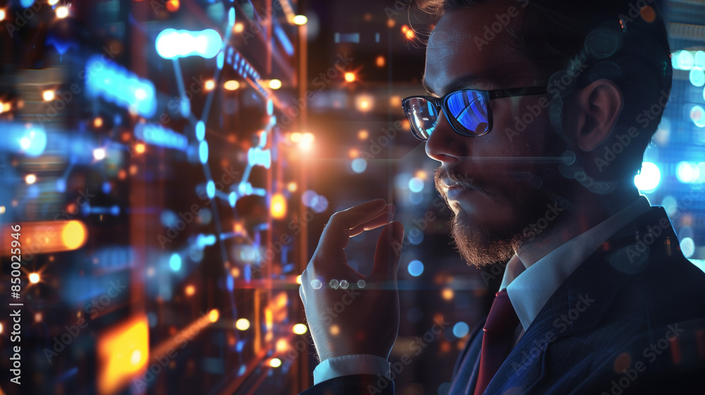 Naklejka premium Business man with holographic interface