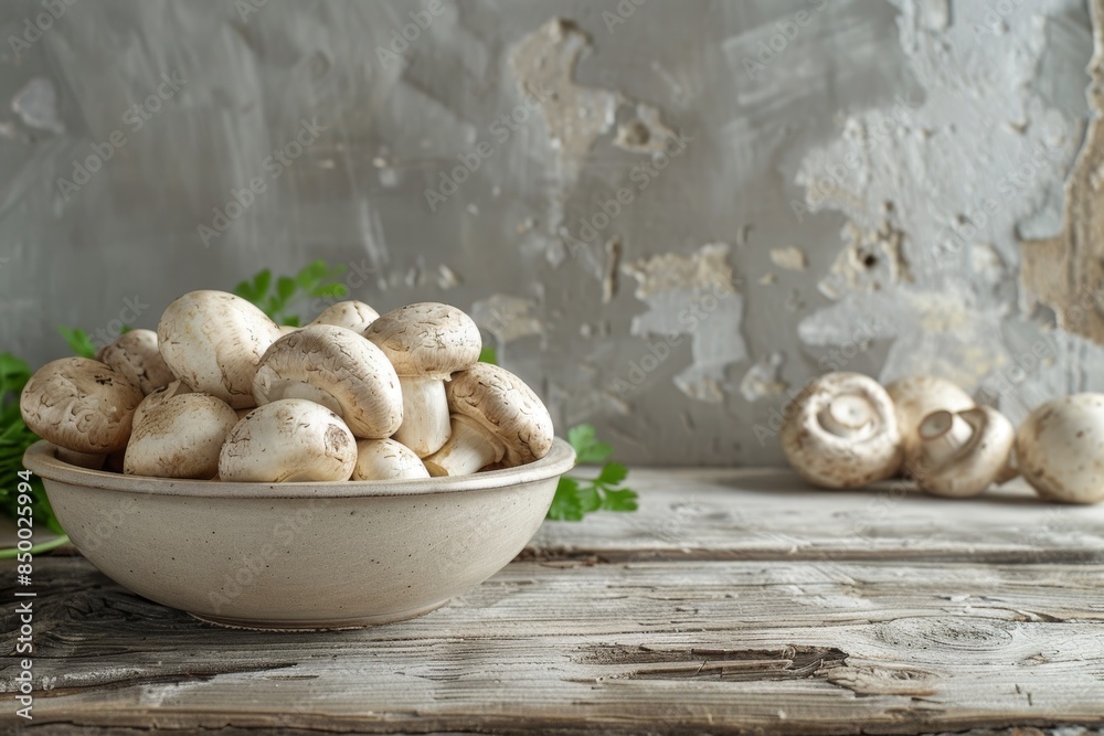 White Button Mushrooms in a Gray Bowl on a Wooden Table White Button Mushrooms in a Gray Bowl on a Wooden Table