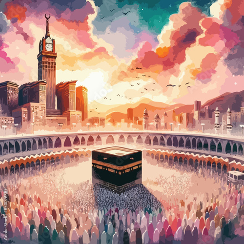 Kaaba in Masjid Al Haram in Mecca Saudi Arabia watercolor