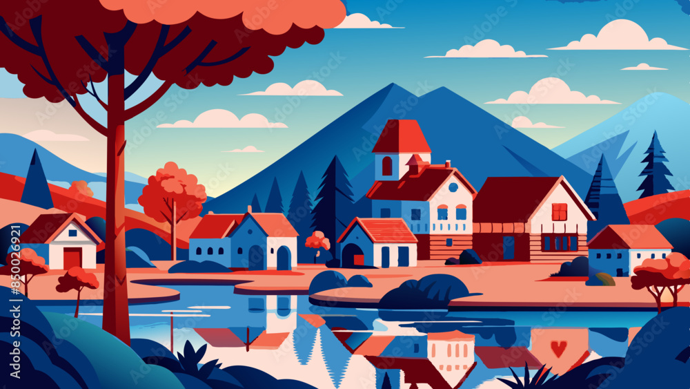 Naklejka premium A mesmerizing illustration of a house and tree surrounded by beautiful scenery.