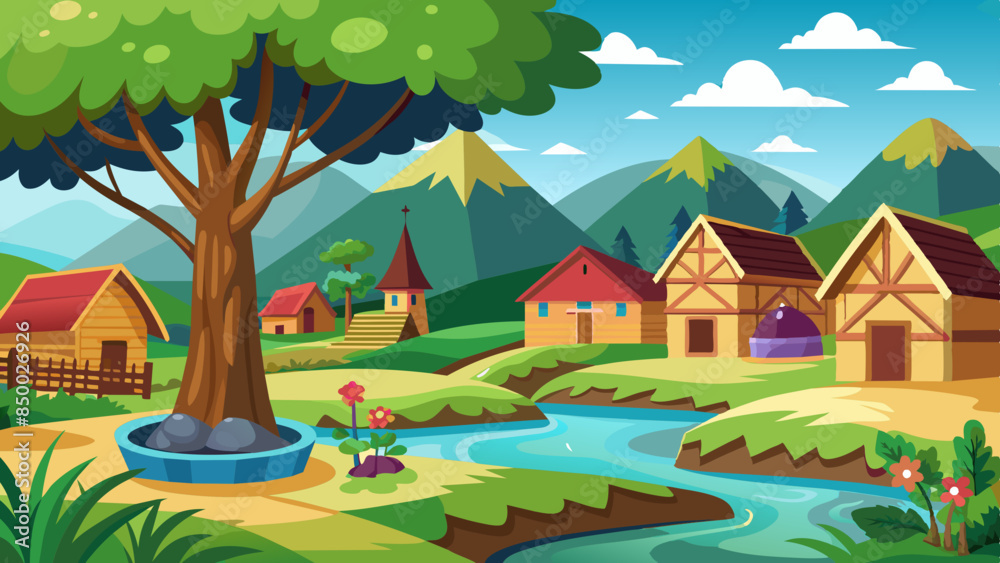 A mesmerizing illustration of a house and tree surrounded by beautiful scenery. A mesmerizing illustration of a house and tree surrounded by beautiful scenery.