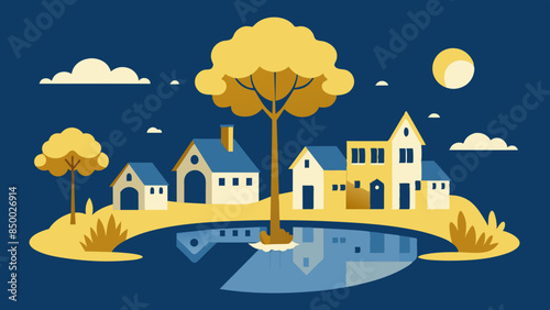 A mesmerizing illustration of a house and tree surrounded by beautiful scenery.