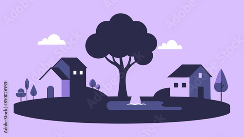 A mesmerizing illustration of a house and tree surrounded by beautiful scenery.