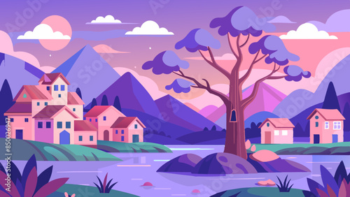 A mesmerizing illustration of a house and tree surrounded by beautiful scenery.