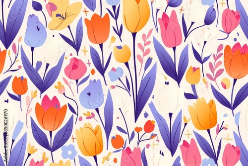 Tulip Symphony: Seamless Pattern of Vibrant Blooms Swaying in a Field photo