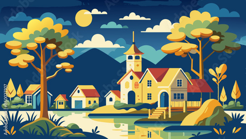 A mesmerizing illustration of a house and tree surrounded by beautiful scenery.