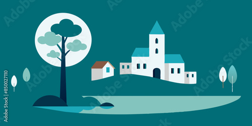 A mesmerizing illustration of a house and tree surrounded by beautiful scenery.