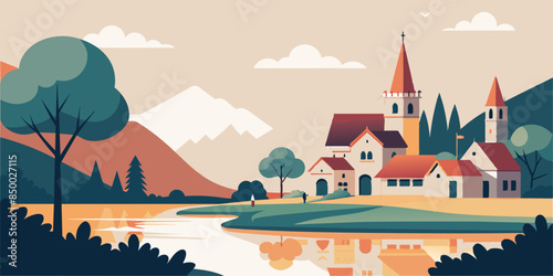 A mesmerizing illustration of a house and tree surrounded by beautiful scenery.