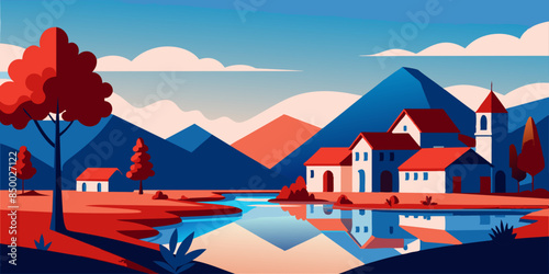A mesmerizing illustration of a house and tree surrounded by beautiful scenery.