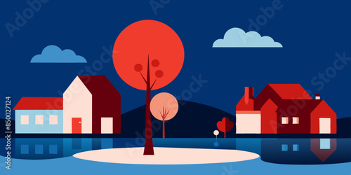 A mesmerizing illustration of a house and tree surrounded by beautiful scenery.