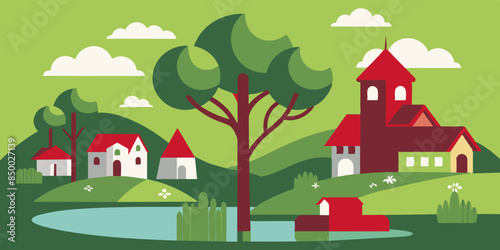 A mesmerizing illustration of a house and tree surrounded by beautiful scenery.