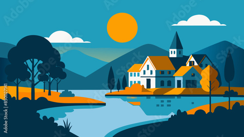 A mesmerizing illustration of a house and tree surrounded by beautiful scenery.