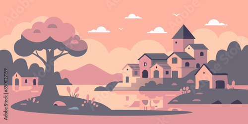 A picturesque setting is formed by a charming cozy house nestled beside a majestic tree.