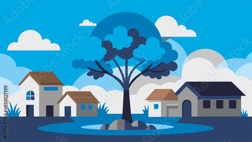 A picturesque setting is formed by a charming cozy house nestled beside a majestic tree.