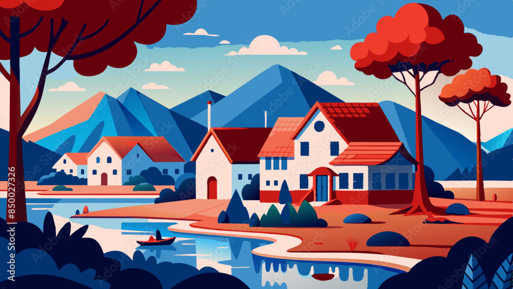 Naklejka premium A picturesque setting is formed by a charming cozy house nestled beside a majestic tree.