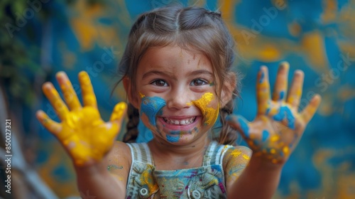 portrait of a cute Caucasian girl 6 years old with her hands and face stained with multi-colored paints. The child draws on the walls and on the table