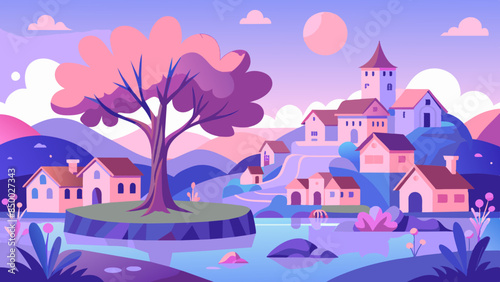 
The scene is transformed into a cozy and picturesque setting by a charming house nestled under a leafy tree.