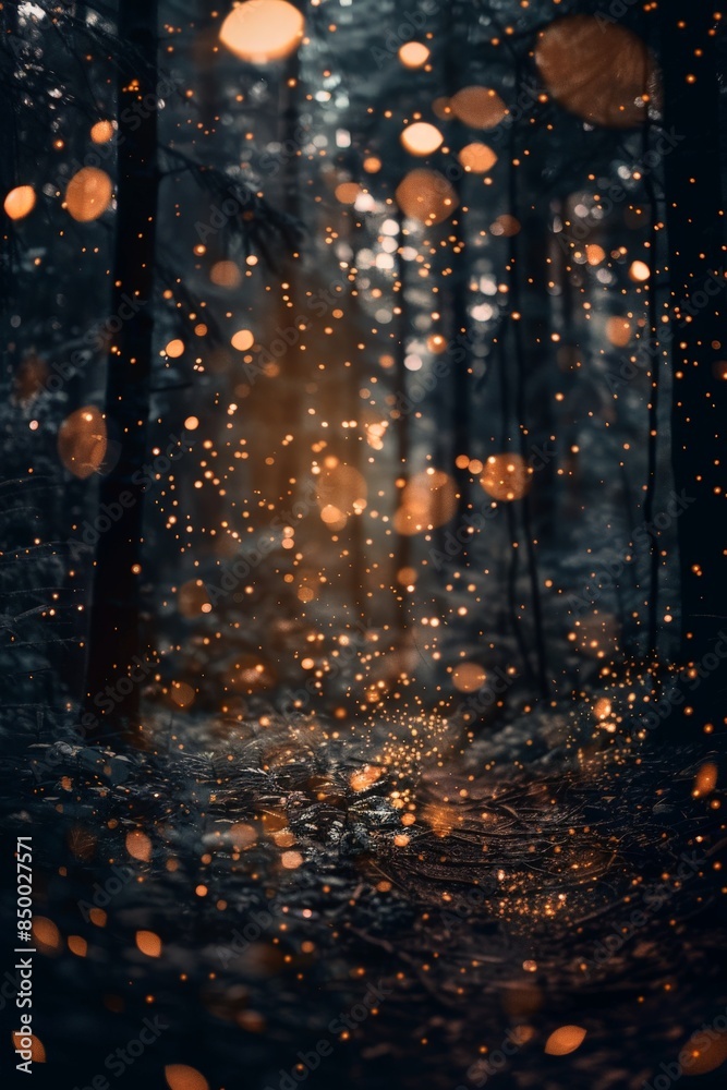Naklejka premium Enchanting Forest with Magical Light Particles at Dusk, Mystical Woodland Scene with Glowing Bokeh Effects, Dreamlike Atmosphere in Nature, Captivating Nighttime Photography