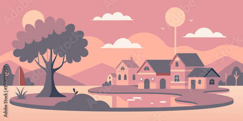 
The scene is transformed into a cozy and picturesque setting by a charming house nestled under a leafy tree.