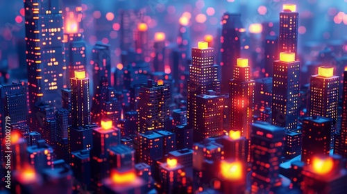 Vibrant Cityscape at Night with Illuminated Skyscrapers and Bokeh Lights Creating a Futuristic Urban Atmosphere