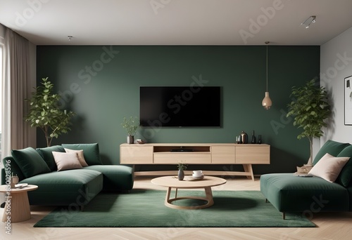 Photorealistic 3D visualization of a modern, cozy living room with a large, plush gray sofa, a sleek TV cabinet in a rich wood tone