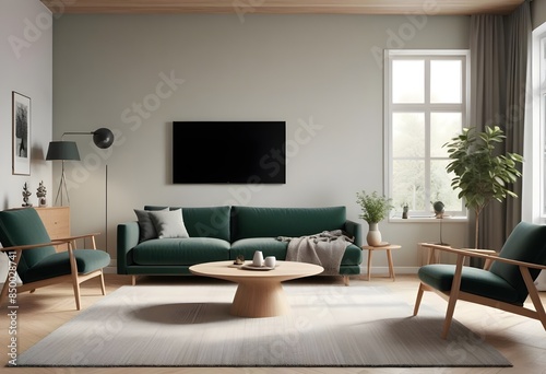 Photorealistic 3D visualization of a modern, cozy living room with a large, plush gray sofa, a sleek TV cabinet in a rich wood tone