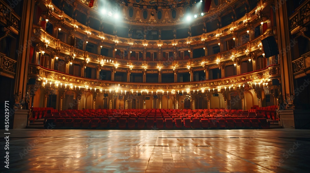 Fototapeta premium Empty theater stage lighting up red velvet seats under ornate balcony
