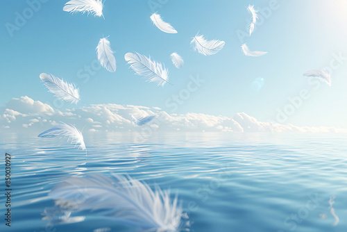 white feathers floating in the air over water © Orsolya