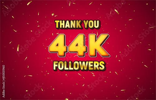 Golden 44K isolated on red background with golden confetti, Thank you followers peoples, 44K online social group,45K 