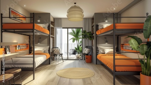 Contemporary hostel room with bright bunk beds, modern furnishings, and eclectic decorations, creating a dynamic and trendy space for guests