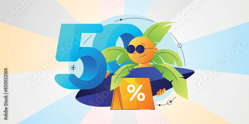 50%off Summer sale illustration, Summer, Sun, Surf, Vendor, Shop, Beach, Flat, illustration, Character design, drawing, business, OFF, 50%, Sales, colorfull, sun colors, pastelle
