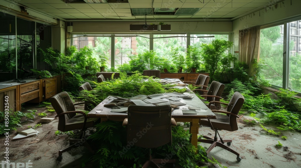 Fototapeta premium Decaying corporate boardroom, papers scattered, lush greenery invading through the floor, a stark contrast of past human activity and nature's revival