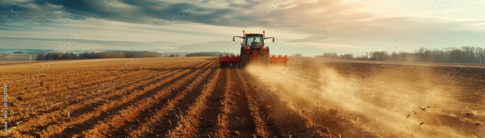 A tractor is driving through a field with the sun shining on it. The field is dry and the tractor is plowing the land A tractor is driving through a field with the sun shining on it. The field is dry and the tractor is plowing the land
