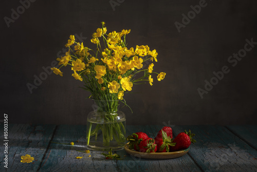 A bouquet of yellow buttercups on a dark background and ripe strawberries. Minimalism.