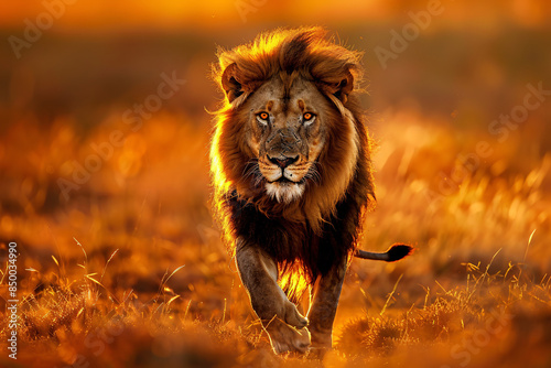 a lion running in the grass