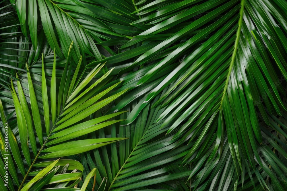 A close-up image of vibrant green palm fronds, showcasing the intricate detail of their texture and form, creating a sense of tropical paradise A close-up image of vibrant green palm fronds, showcasing the intricate detail of their texture and form, creating a sense of tropical paradise