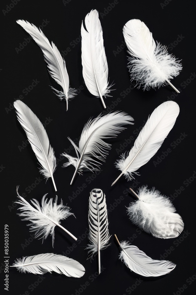 A series of white feathers, each with a different shape and texture. The feathers are arranged in a row, with some overlapping and others standing alone A series of white feathers, each with a different shape and texture. The feathers are arranged in a row, with some overlapping and others standing alone