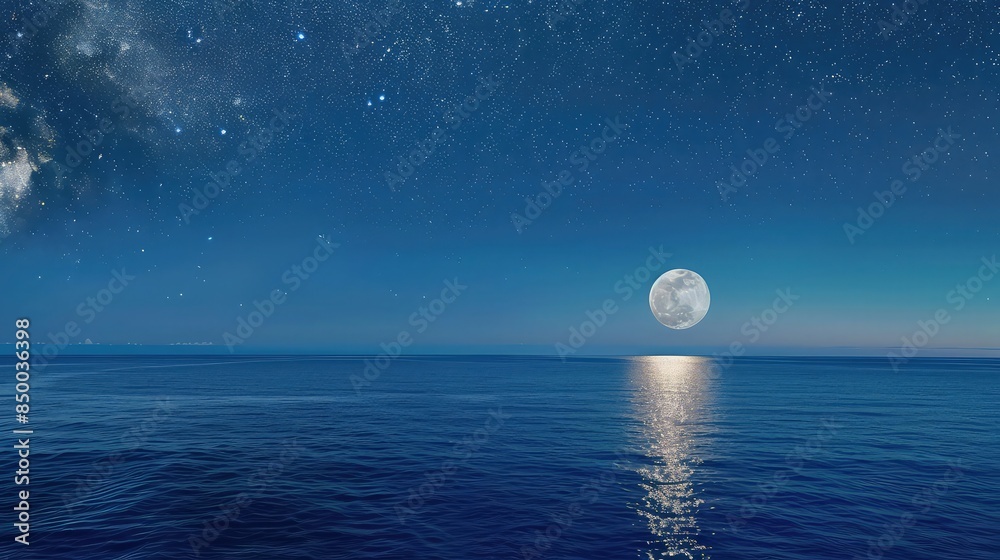 A panoramic view of a calm sea under a deep blue night sky speckled with stars, the full moon hanging low and casting a warm glow over the horizon. A panoramic view of a calm sea under a deep blue night sky speckled with stars, the full moon hanging low and casting a warm glow over the horizon.