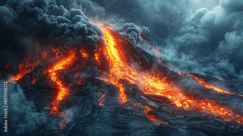 Flowing lava from a volcano, glowing hot against a dark, smoky sky Flowing lava, volcanic activity, molten rock, fiery scene