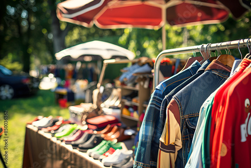 Scene with miscellaneous items being sold at a yard sale for bargains,
A young man is looking at a vintage camera at a flea market He is wearing a brown leather jacket and blue jeans



