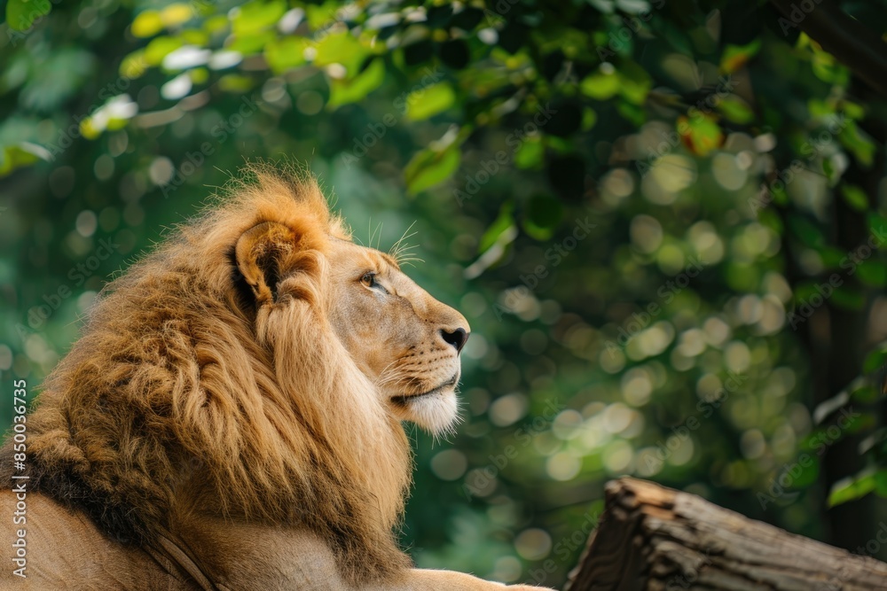 Fototapeta premium A close-up of a lions profile with its mane flowing in the wind, set against a backdrop of verdant foliage