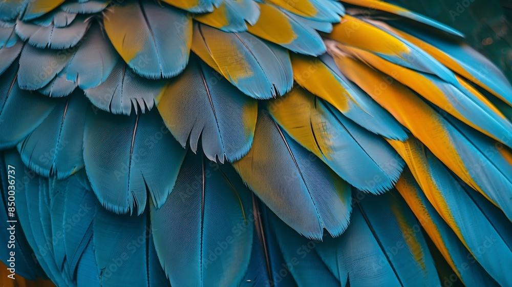 Fototapeta premium An amazing blue background of puffy bird feathers the fascinated Yellow and Blue macaw birds wing texture : Generative AI