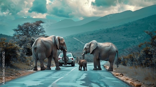 Elephants with a baby elephant share a road with a car in Africa Beautiful African landscape Wildlife Elephant family Amazing image Sweet memories of travel to Africa  African safari P : Generative AI
