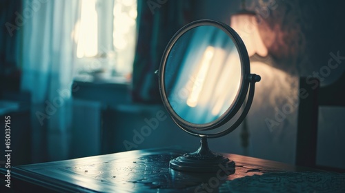 Elegant silhouette of a makeup mirror reflecting soft, flattering light. photo