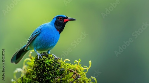 Beautifully blue small bird Redlegged honeycreeper Cyanerpes cyaneus Such a tiny bird yet so amazing and gorgeous Very common in Central America Sitting on a mossy branch green backgro : Generative AI photo