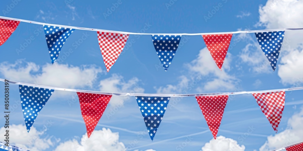 Obraz premium Festive Patriot Day decorations with red, white, and blue banners.